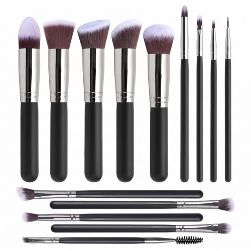 WUMZIRA 14 Pinceaux Maquillages Professionnels, Kit Pinceaux Maquillages pour Fond de Teint, Poudre et Yeux, Set Pinceaux Maquillage Noir et Argent, Lot de Pinceaux Maquillage Complet pour Femme