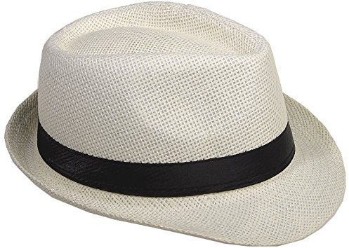 Strohhut Panama Fedora Trilby Gangster Hut Sonnenhut mit Stoffband Farbe:-Champagner (Strohhut) Gr:-58