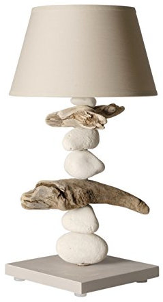 Lampe de chevet bord de mer en bois et galets - Personnalisable - Fabriqué à la main en France par un artisan (40 cm) (Cendre brune standard)