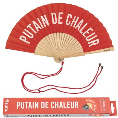 Fisura - Originale ventaglio con messaggio p*tain de chaleur rosso. Ventilatore a mano in legno moderno e colorato. Ventaglio rosso. Misure: 42,5 x 23. Materiale: legno e tessuto.