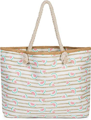 styleBREAKER Damen XXL Strandtasche Melonen Streifen | 59x38x15 cm Hauptfach mit Reißverschluss, zusätzliches seitliches Innenfach, 70 cm lange Träger aus robuster Baumwollkordel.