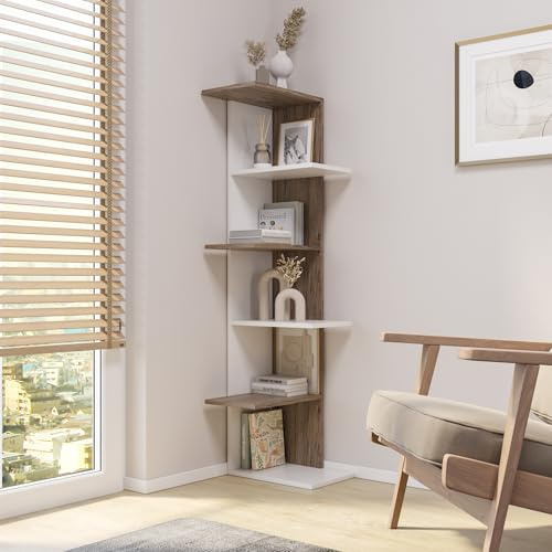 Wooden Modern Free Standing Display Corner Bookcase (White+Oak, 5 Tier)