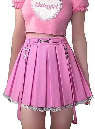 LittleForBig Women's A-Line Pleated PU Faux Leather Flared Casual Lace Trim Mini Skirts - Troublemaker Pink XXL