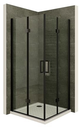 Moments of Glass Duschkabine BELLE mit Falttüren, 90x90 cm, Höhe: 180 cm, Eckduschkabine aus durchsichtigem 6 mm NANO ESG Sicherheitsglas, schwarze Aluminiumprofile - DK63