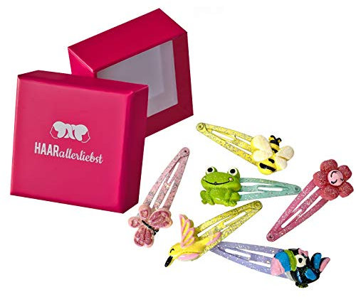 Haarallerliebst Haarspangen Set für Kinder – 6 Stück glitzernde Tiere inkl. Aufbewahrungsbox weiss – Ideal für dünnes bis dickes Haar
