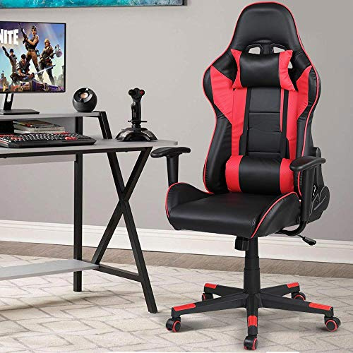 BAKAJI Sedia Poltrona Gaming Scrivana Ufficio Casa in Ecopelle Schienale Reclinabile Cuscino Lombare Poggiatesta Rotazione 360 Gradi Direzionale Altezza Regolabile Base 5 Ruote (Rosso e Nero)