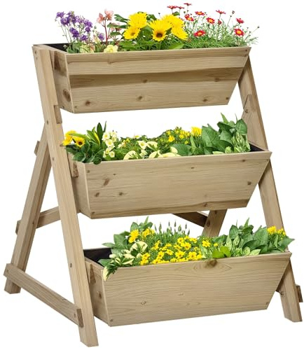 Outsunny Jardinera de Escalera de 3 Niveles Maceteros de Madera Jardinera Vertical con Tela no Tejida y Orificios de Drenaje Huerto Urbano para Plantas Macetas Flores Jardín 71x61x77 cm Natural