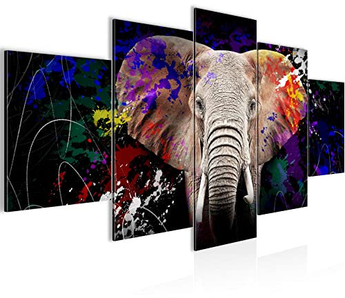 Runa Art - Bilder Tiere Bunt Elefant 200 x 100 cm 5 Teilig XXL Wanddekoration Design Schwarz 040851c