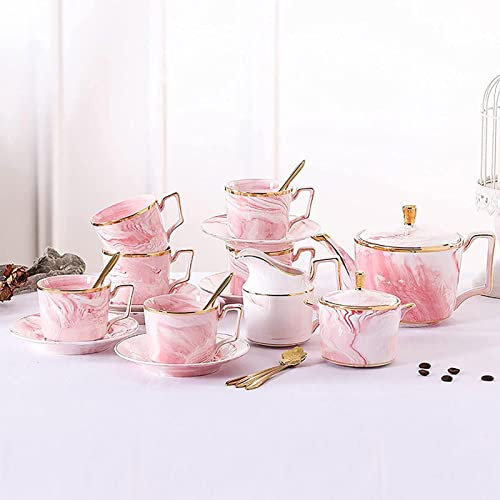 Porcelain Tea Sets With Marble Pattern Coffee Cusp and Saucers Set Tea Service Wedding Tea Service for Adults,Pink