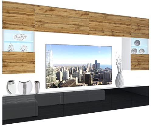 BELINI Wohnwand NEX 1 mit LED-Beleuchtung, Eiche Wotan/Schwarz | Vollausstattung Wohnzimmer-Set Moderne Schrankwand Anbauwand TV-Schrank