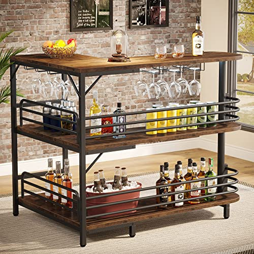 Tribesigns L-förmige Bartisch, 3 Tier Liquor Bistrotisch mit Regal Weinregal und Weingläser Halter, Industrielle Ecke Küchentisch, für Wohnzimmer, Küche, Industrie-Design, Rustikale braun