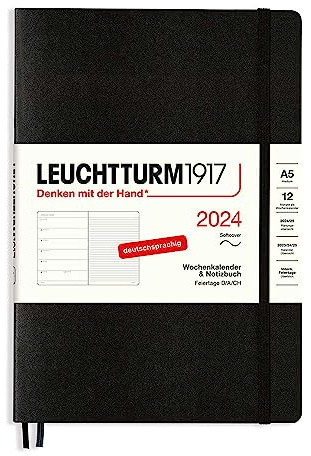 LEUCHTTURM1917 367787 Wochenkalender & Notizbuch Medium (A5) 2024, Softcover, Schwarz, Deutsch, 12 Monate