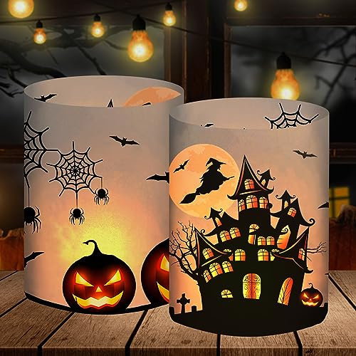 12 lanterne da tavolo per Halloween, decorazione da tavolo, zucca, pipipistrello, strega, ragnatela per interni ed esterni, giardino, per feste di compleanno, per candeline o candele