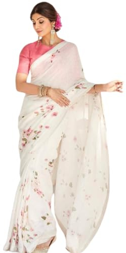 C J Enterprise Banarasi Sari en pur lin et coton doux avec chemisier pour mariage (Shilpa) (blanc), Blanc, taille unique