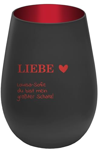 Windlicht mit Gravur ''Liebe'' - Schwarz/Rot - personalisierbarer Glas Teelichthalter mit frei gestaltbarem Wunschtext - Höhe 12 cm - Geschenk zu Valentinstag Hochzeit Verlobung Jahrestag