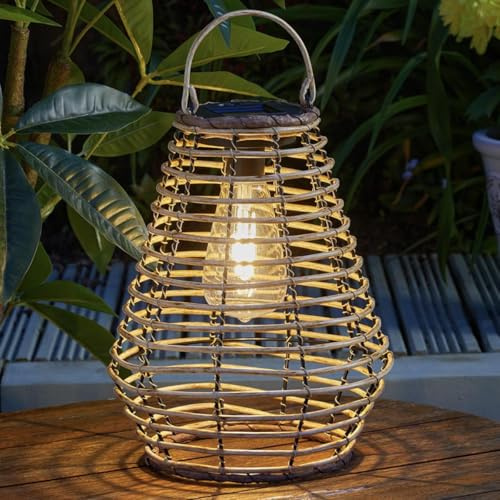 Festive Lights 26,5cm Rattan-Optik Solar Laterne mit warmweißer LED Lampe Rattan Deko Solar Tischlampe Outdoor