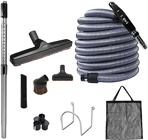 OVO Central Vacuum Deluxe tillbehörssats, 15,2 m på/av-brytare kontroll lågspänningsslang, 30 cm premium golvborste, rengöringsverktyg och enkla förvaringstillbehör, för hårda ytor