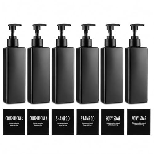 YAYODS 6 Stück Seifenspender Schwarz Bad - Pumpflasche 500 ml Nachfüllbarer - Shampoo Flaschen zum Befüllen - Spenderflasche Kunststoff Quadrat mit Etiketten für Body Soap, Shampoo, Lotion