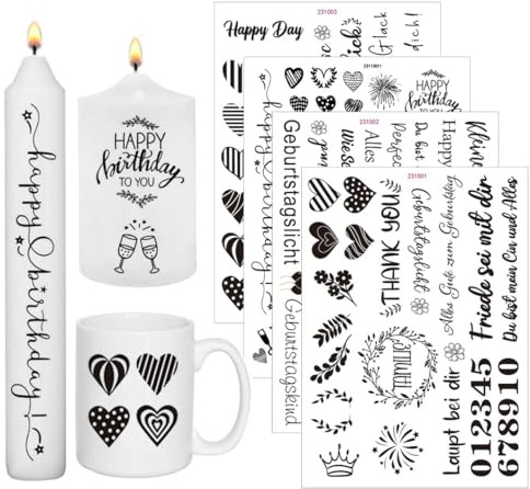 4 Stück Kerzentattoos Geburtstag A5, Kerzen Aufkleber Geburtstag | Wasserschiebefolie Kerzen, Kerzentattoos Sprüche, Kerzen Dekorieren, DIY Geschenk für Kerzen Tassen