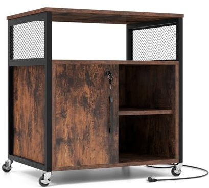 GOPLUS Rollcontainer, mobiler Aktenschrank mit Ladestation & Schloss, Bürocontainer mit verstellbaren Ablagen, Metallrahmen & Kabelführungsloch, Druckerständer Büro für Büro & Wohnzimmer (Braun)