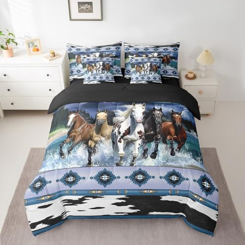 Feelyou Horse Bedding Set Queen Size Galloping Horse Comforter Set 7 Pieces Western Cowboy Southwestern Geometric Bed in a Bag for Animal Decor Bed Set with Comforter, Sheet Set, Pillowcases