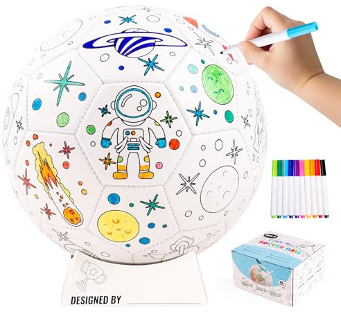 U&C Planet Größe 3 Fussball zum Anmalen Astronauta Fußball Kinder 3-8 Jahr | Fussball Mädchen, Fußball Anmalen enthält 10 Abwaschbare Marker, Ballständer und Pumpe, Spiel für Innen und Außen