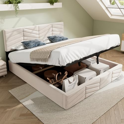 Oslghy Cama Tapizada 140x190 cm, Cama Matrimonio con Cabecero Regulable en Altura, Cama Doble Juvenil con Lamas de Madera, Estilo Rayas Bed Frame con Almacenamiento Hidráulico, Beige, Sin Colchón