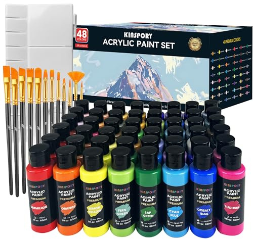 KINSPORY Colori Acrilici per Dipingere 48 x 60 ml con 12 Pennelli + Tavolozza - Resistente all'Acqua, Pittura Acrilica - Per Tela, Legno, Pietra, Tessuto - Ideale per Bambini e Principianti