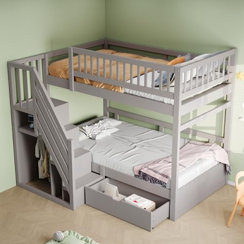 Etagenbett 90x200 Für 2 Kinder, Kinderbett Hochbett mit Treppe&Aufbewahrungsschrank&Schublade, Funktionsbett Stockbett Kinderhochbett Jugendhochbett mit 2x Lattenrost, Massivholz, Ohne Matratze, Grau