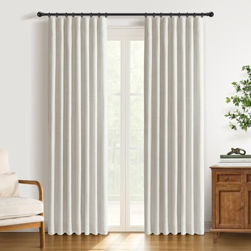 DEFYNEE 100% Blackout Curtains with 20 Clip Rings, Rod Pocket & Back Tab, W50 x L84 Inch, Faux Linen Thermal Insulated Curtains, 2 Panel Set for Curtain Poles & Tracks, Bedroom & Living Room, Beige