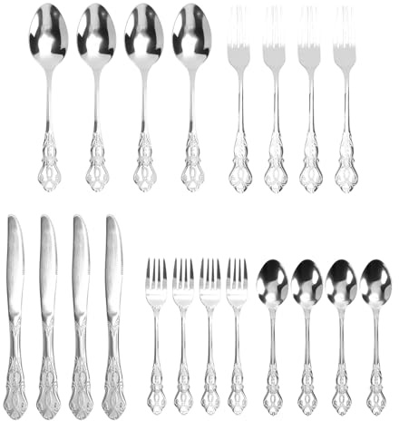 NOENNULL Vintage Stainless Steel Cutlery Set for 4, 20 Pieces Flatware SetStainless Steel Tableware Cutlery Set for Home Restaurant with Spoons, Forks, Salad Forks and Tea Spoons, (Silver)