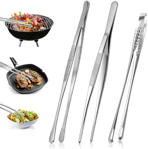 3 pinzas de cocina de acero inoxidable profesionales, pinzas de cocina, pinzas de carne, pinzas largas para cocinar, asar, servir alimentos, 30 cm y 28 cm