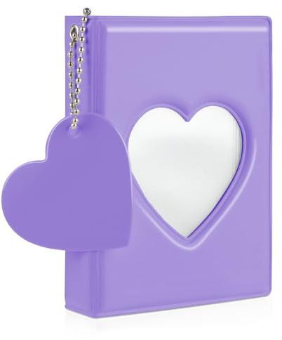 GEEHUA 3 Inch Mini Photo Album, Heart Hollow Card Binder with 32 Pockets, Purple Cute Photo Card Holder with Beaded Chain for Photocards Collection