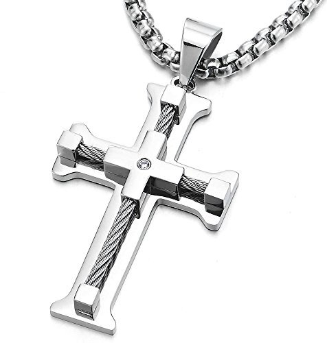 COOLSTEELANDBEYOND Große Edelstahl Kreuz-Anhänger Halskette für Herren Verdrehten Stahlkabel und Zirkonia 75cm Stahl Weizen-Kette