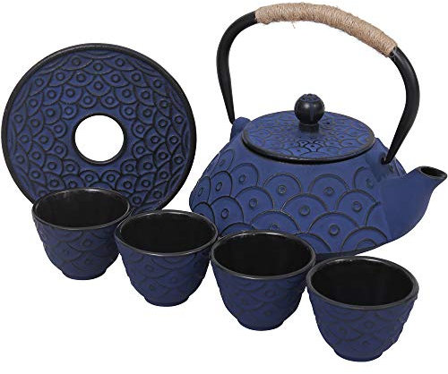 COOGOU Théière en fonte de style japonais avec 4 tasses à thé, bouilloire en fer avec infuseur, corde de chanvre, cadeau asiatique pour adultes parents (motif écailles de poisson, bleu, antirouille)
