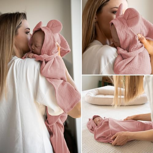 PaLulli® 100x100cm Baby Pucktuch Musselin Decken Zweischichtig - Handtuch mit Kapuze und eingenähten Ohren, Wickeln, 100% Naturreine Materialien, Antiallergisch, Atmungsaktive, Wasseraufsaugendes