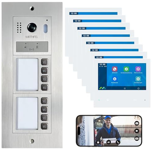 MATHFEL 2-Draht-IP WLAN Video-Türsprechanlage – Komplettset für 8-Familienhäuser mit 8X 7-Zoll-Monitoren, Full-HD-Bildauflösung, Edelstahl-Front und Farbnachtsicht.