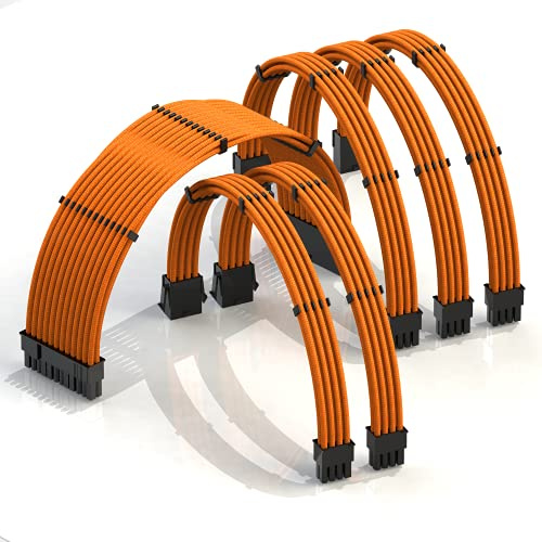 LINKUP - AVA 30cm Cable con Manguito - Prolongación de Cable para Fuente de Alimentación con Kit de Alineadores - Compatible con RTX3090| 1x 24P(20+4) MB| 2x 8P(4+4) CPU| 3x 8P(6+2) GPU| 300mm Naranja