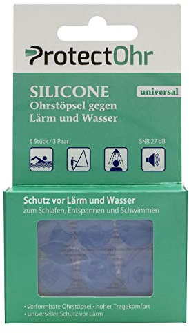 ProtectOhr Silicone Universal Earplugs, 3 pares de silicona impermeable, tapones para los oídos contra el ruido y el agua, al nadar/ducharse/deportes acuáticos, 6 piezas
