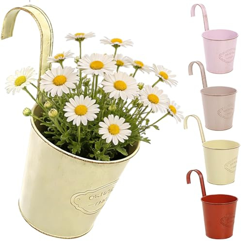 CITÉTOILE 4er Set Hängender Blumentopf mit Drainageloch, Bunter Metall-Blumentopf mit Abnehmbar Haken, Vintage Style Dekotation Balkon Garten Wand Zaun Draussen Innenwand, Modell-01