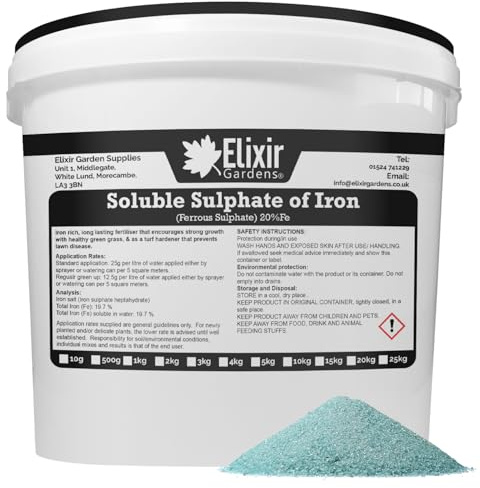 Elixir Gardens Soluble Sulphate of Iron Lawn 20% Tonic & Conditioner/Green Up | 1-10kg Tubs Available | Ferrous Sulphate Treatment | 5kg Tub | Makes 400L of Liquid Feed