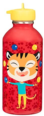 Gourde enfant Acier inoxydable DRAEGER PARIS - Facile à nettoyer - gourde réutilisable - Idéale pour parc, école - Contenance 300ml - 17 cm x 6,5 cm - Rouge - Thème : Tigre