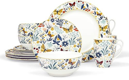 fanquare 16-Teilig Porzellan Kombiservice für 4 Personen, Glod Vintage Geschirr Set, Tafelservice mit Schmetterling Flora Gemustert