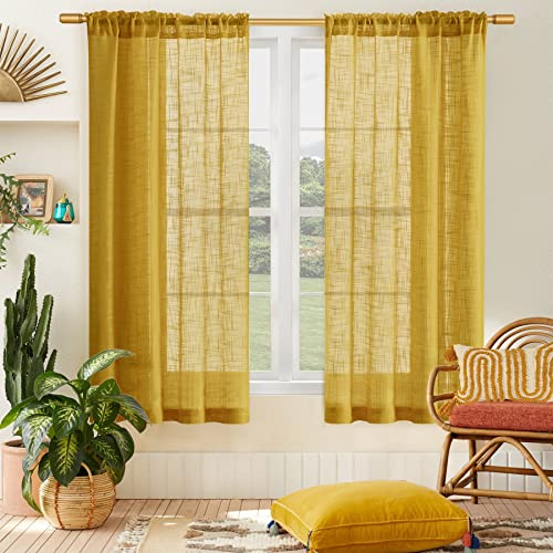 Transparente Vorhänge, 160 cm lang, halbtransparente, lichtfilternde Boho-Gardinen für Wohnzimmer oder Schlafzimmerfenster, Senfgelb