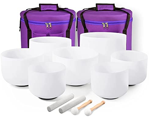 Juego De 7 Cuencos De Cristal De Cuarzo Esmerilado De 6 A 12 Pulgadas, For Yoga, Curación De Sonido, Limpieza De Cristales, Meditación, Con Percutor De Gamuza, Mazo De Goma, Junta Tórica
