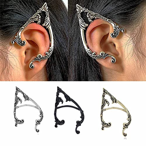 Cubahop 1 Pair Vintage Elf Ear Cuffs Piercing Ear Cuff Earrings Climber Ear Wrap Gothic Exaggerated Earring for Women and Girls (Silver)