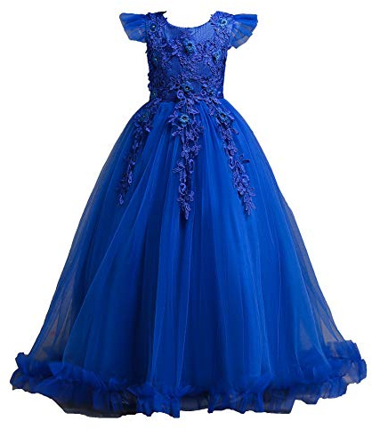 Valin Robe Fille sans Manche Broderie Fleurs Tulle,Bleu,170