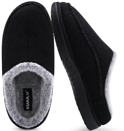 KuaiLu Chausson Hommes Hiver Feutre Chausson Chaud Peluche Doublure Pantoufle Rebond Memory Foam Slippers avec Caoutchouc Semelle de Support Arch Indoor Outdoor Chaussure Maison Noir Taille 44.5