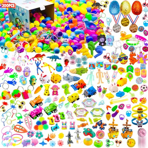 PDFVS 200 Pcs Prefilled Easter Eggs Filled with Novelty Toys,Bright Colorful Easter Eggs for Easter Basket Stuffers,Easter Party Favors,Easter Egg Hunt…