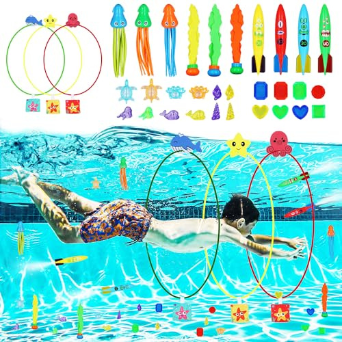 lasuroa 39pcs Diving Toys Set, Multicolored Pool Sinking Toys Dive Game Octopus Turtle Starfish Diving Gems Underwater Swimming Training Toys Diving Thru Rings for Kids Family Sports Skill